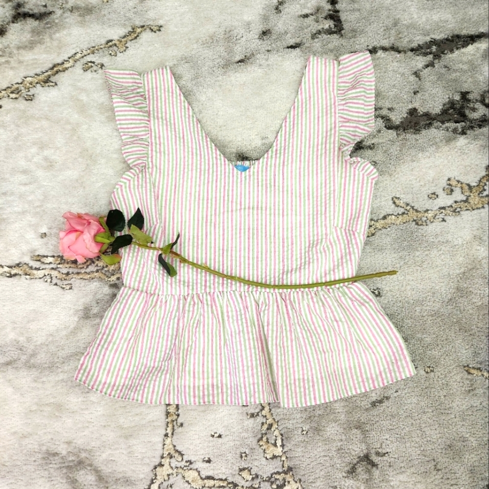 CUTE Women's Draper James Medium Green/Pink  Flutter Sleeve Top. NWT
